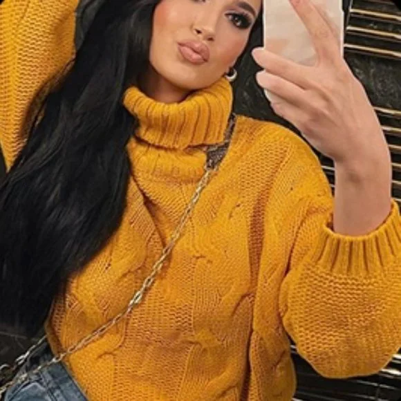 Womens Turtleneck High Neck Balloon Long Sleeve Sweaters Winter Fall yellow - Picture 2 of 3